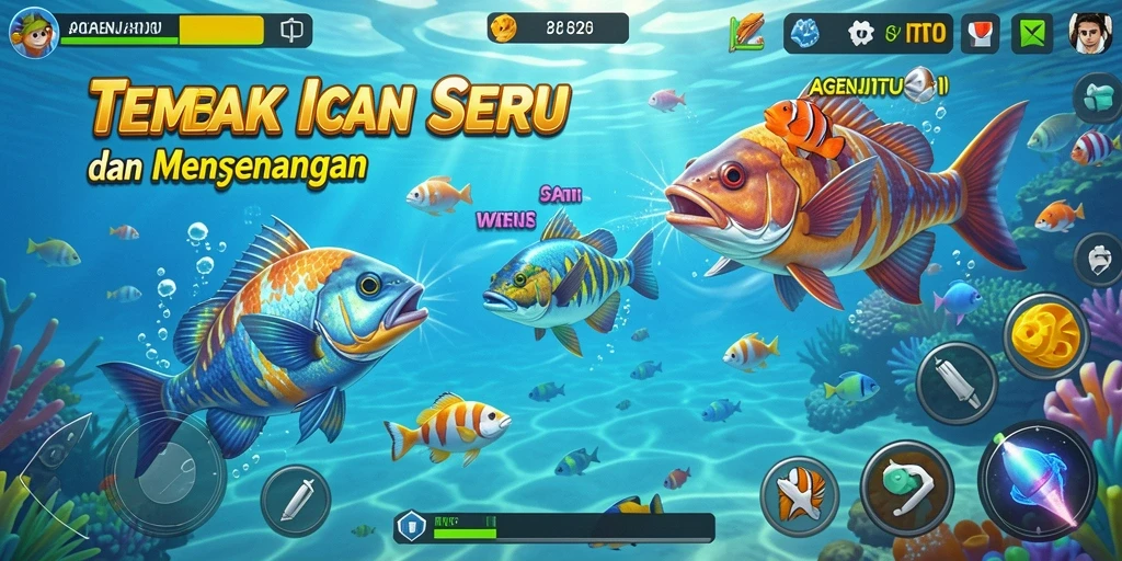 Screenshot AGENJITU menampilkan aksi menembak ikan yang seru dan dinamis.