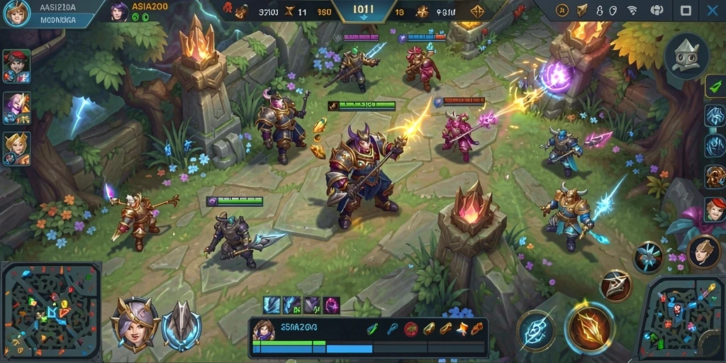 Screenshot utama ASIA200 menampilkan aksi pertempuran MOBA yang seru.