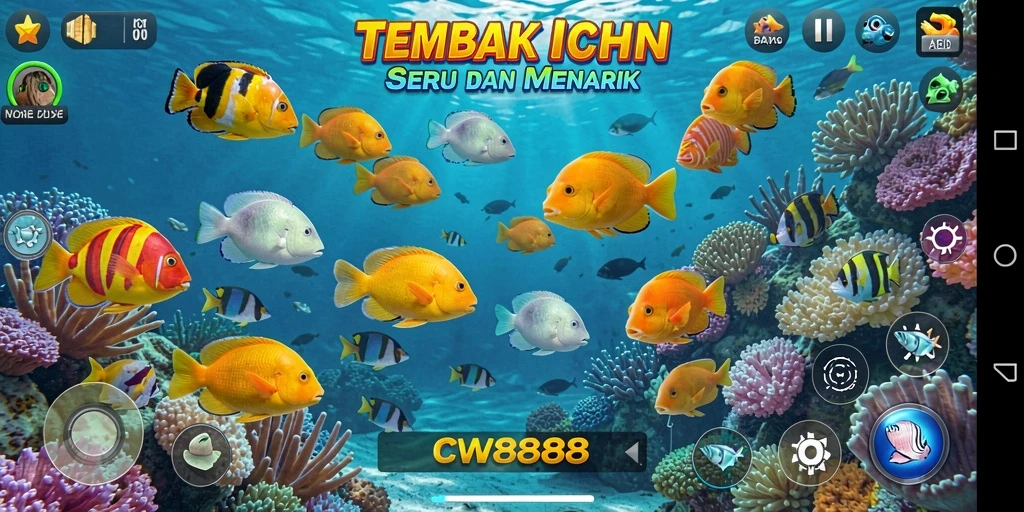 Tangkapan layar gameplay CW8888 yang menunjukkan aksi menembak ikan.