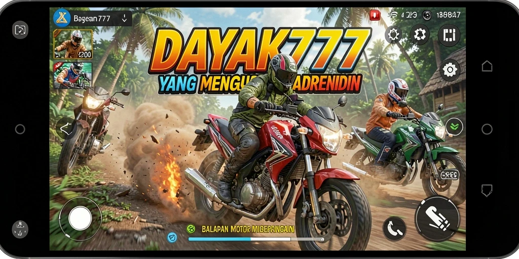 Tangkapan layar dari gameplay DAYAK777 yang menampilkan aksi balap motor yang seru.