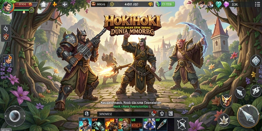 Screenshot utama HOKIHOKI menunjukkan aksi pertempuran seru dalam dunia MMORPG.