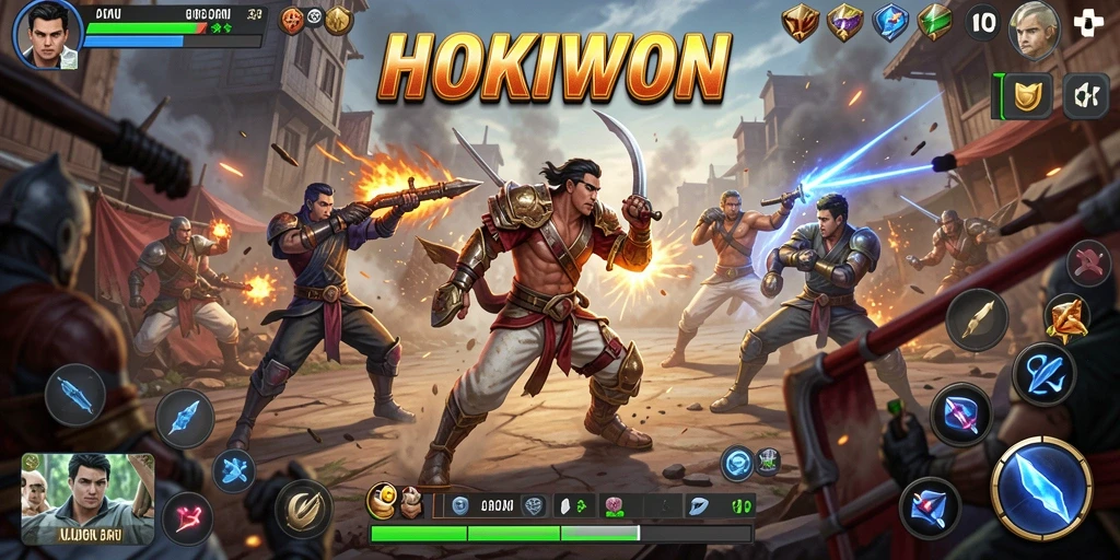Screenshot utama HOKIWON menampilkan aksi pertarungan intens.