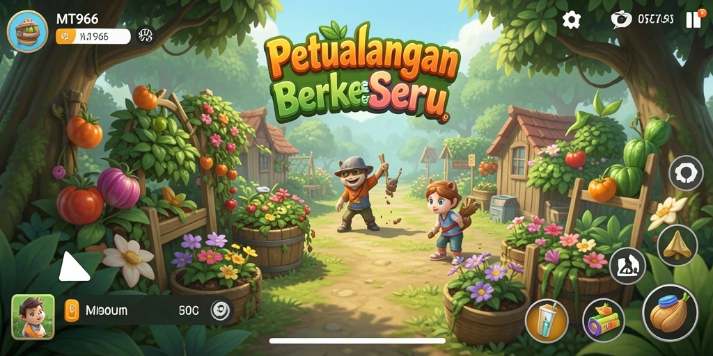 Tampilan screenshot MT966 menunjukkan aktivitas berkebun yang seru dan penuh warna.