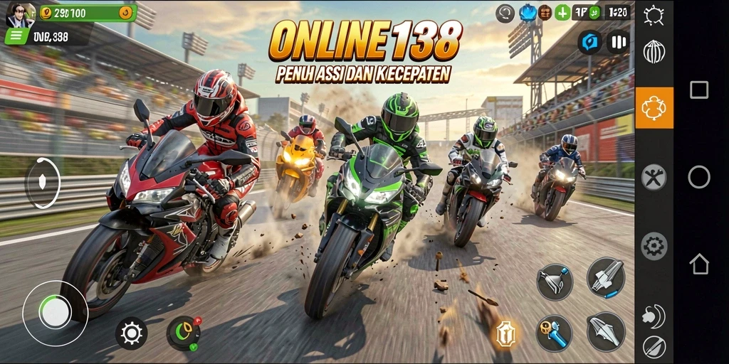 Screenshot yang menampilkan balapan motor mendebarkan di ONLINE138.