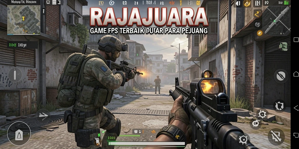Screenshot RAJAJUARA menampilkan aksi pertempuran intens FPS.