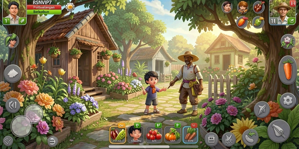 Tampilan menarik gameplay RSNVIP7 dengan kebun yang rimbun dan hewan peliharaan.