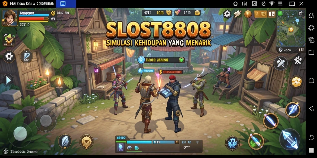 Tampilan gameplay SLOST8808 dengan karakter yang beraktivitas.