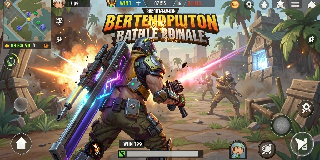 Tangkapan layar gameplay WIN199 dengan aksi pertempuran seru di medan perang.