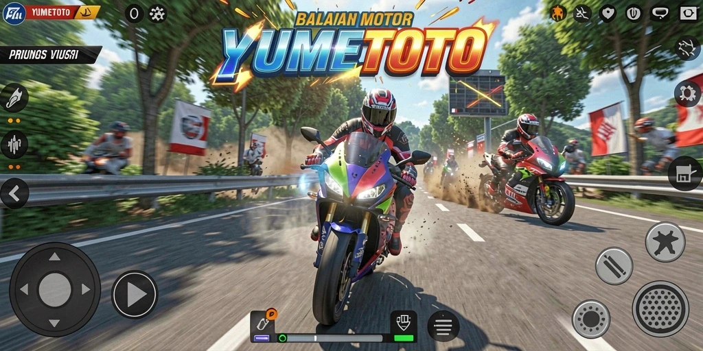 Tampilan gameplay YUMETOTO menampilkan aksi balapan motor yang mendebarkan.